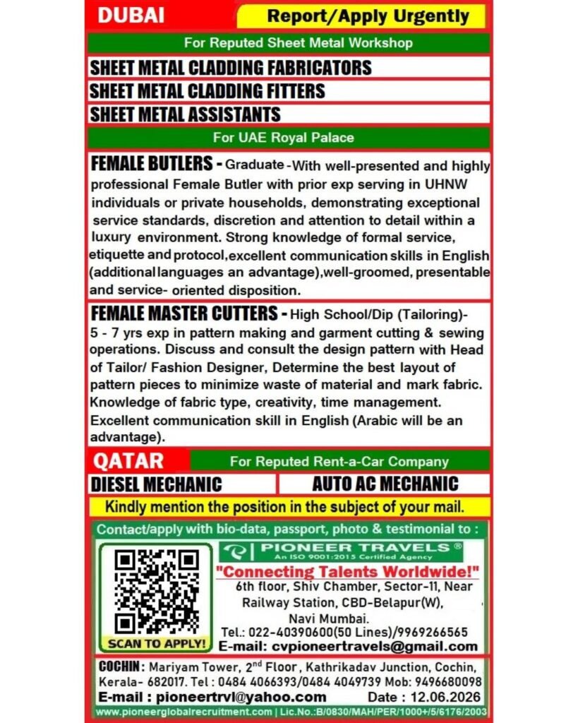 Urgent Hiring For Dubai & Qatar