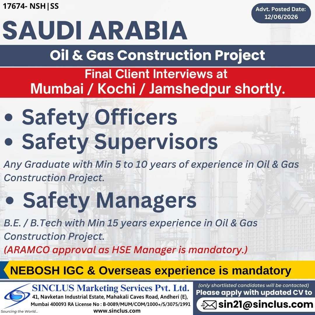 Saudi Arabia Oil & Gas Construction Project Jobs 2026 | Safety Officers, Safety Supervisors & Safety Managers Required