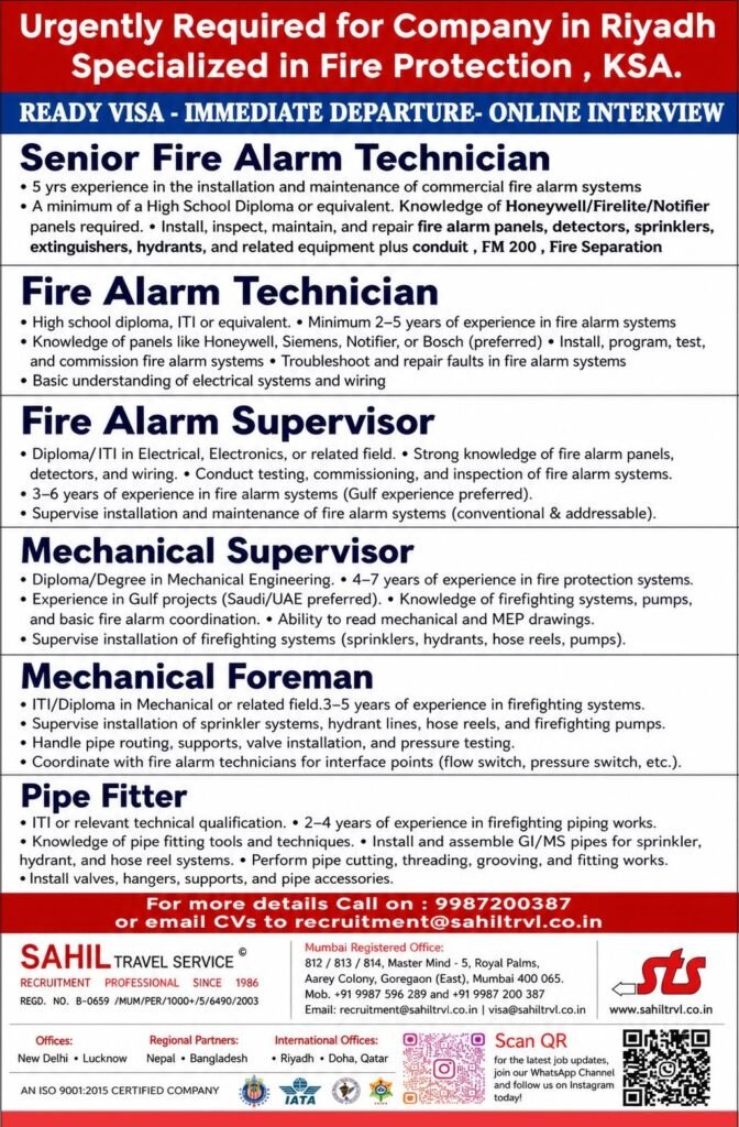 Hiring for Saudi Arabia Required for Huge and Highly Reputed Fire Protection company 
