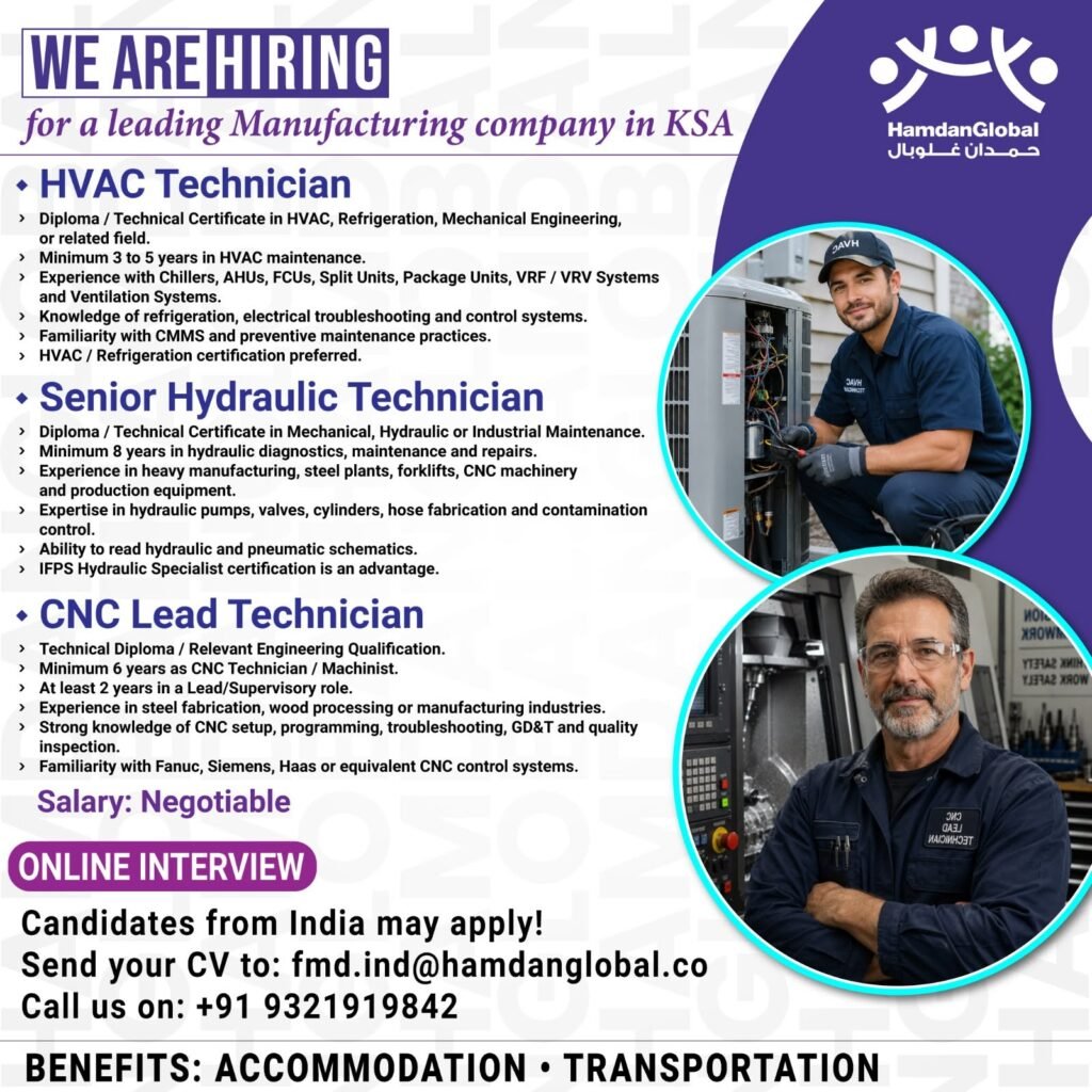 hiring for a leading Manufacturing Company in KSA