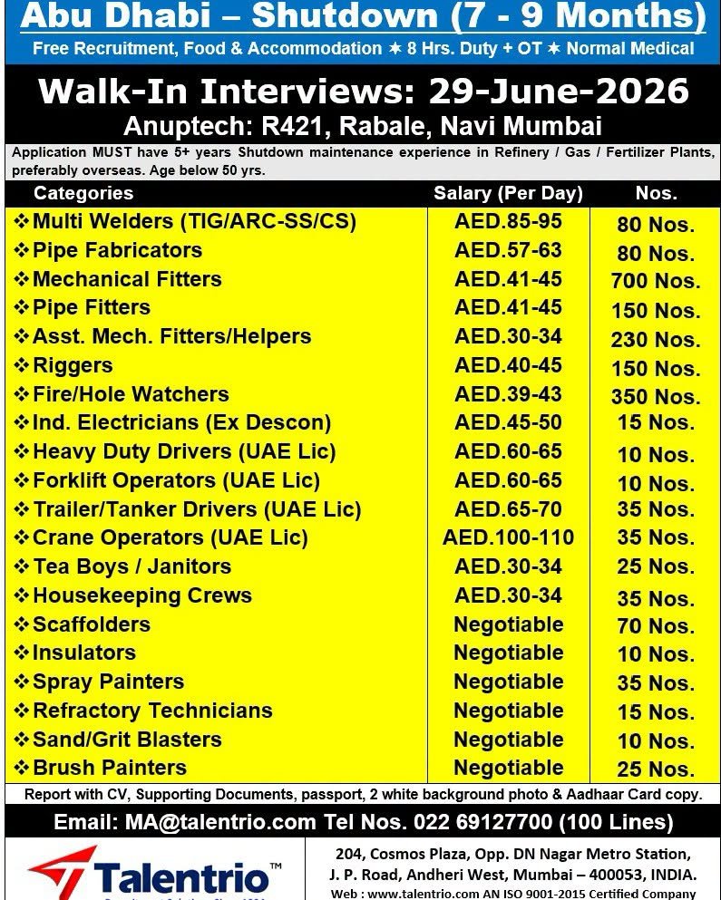 UAE Abu Dhabi Shutdown Project Jobs 2026 – Walk-In Interview on 29 June | Free Recruitment