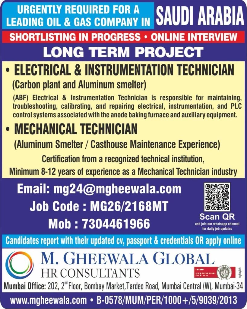 Saudi Arabia Oil & Gas Jobs 2026 – Electrical & Instrumentation Technician & Mechanical Technician Vacancies