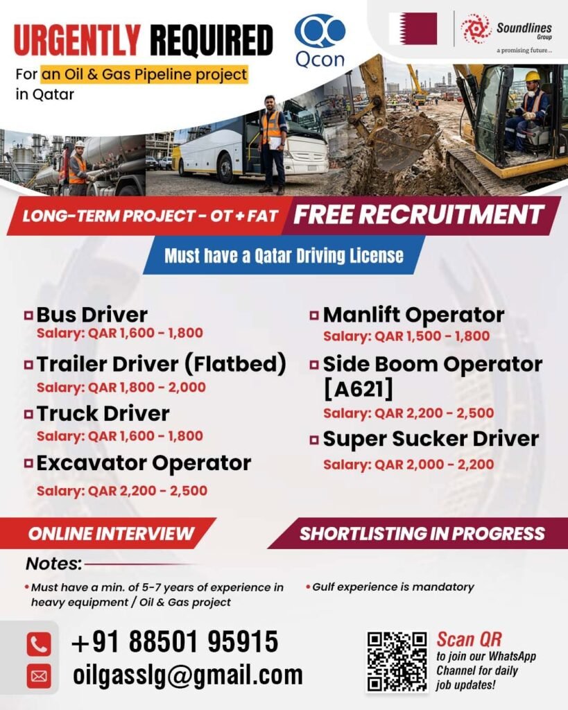 Hiring For an Oil & Gas Pipeline project in Qatar Hiring For an Oil & Gas Pipeline project in Qatar