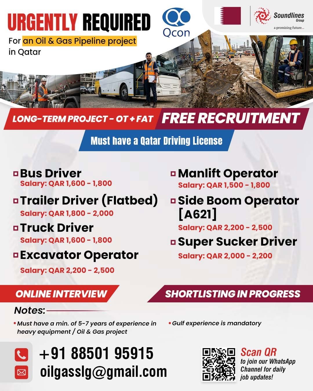Hiring For an Oil & Gas Pipeline project in Qatar