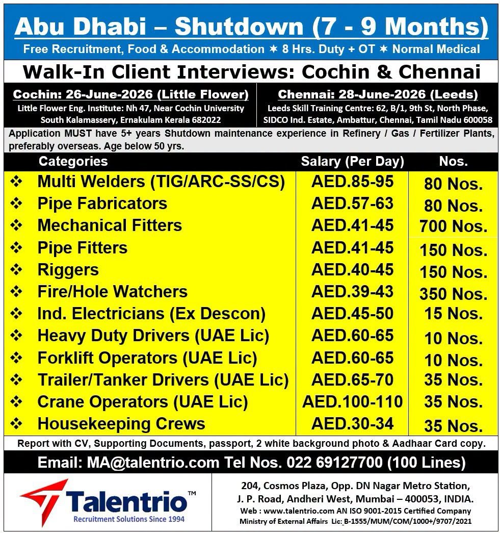 Abu Dhabi Shutdown Project Jobs 2026 – Free Recruitment 