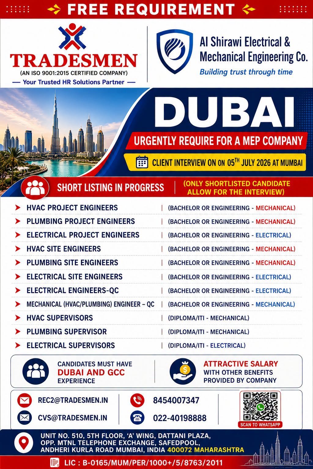 Dubai Jobs 2026 – Free Recruitment for Al Shirawi Electrical & Mechanical Engineering Co.