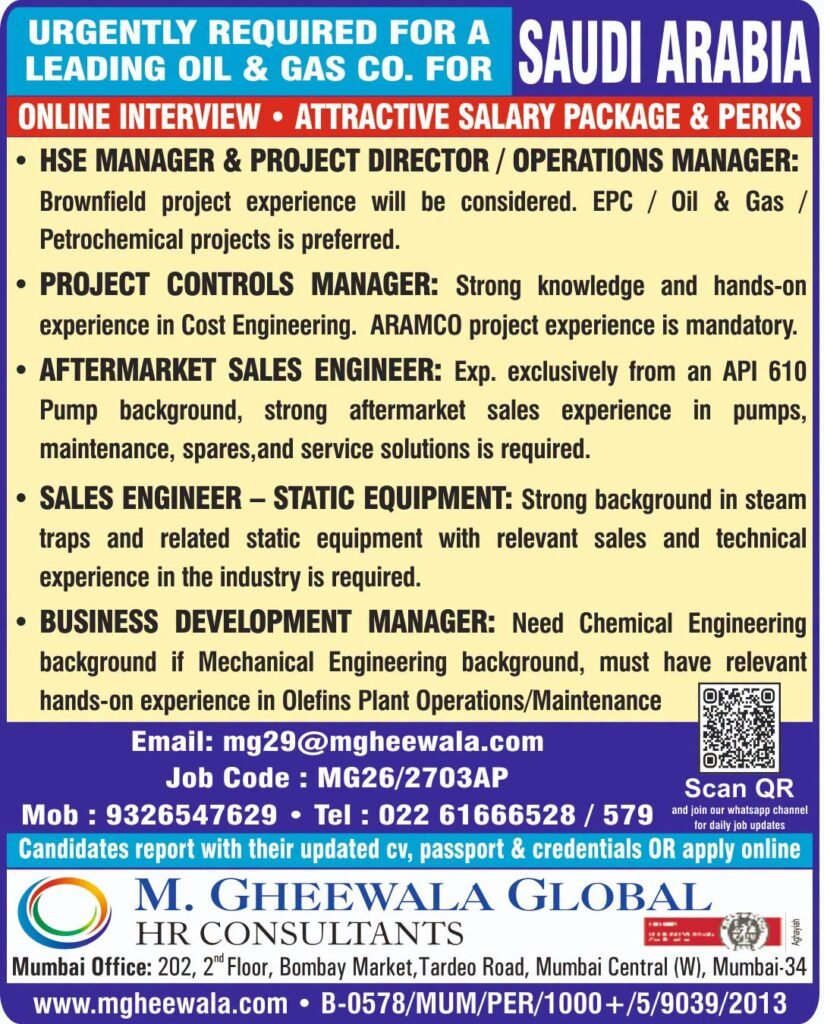 Saudi Arabia Oil & Gas Jobs 2026 – Online Interview for Engineers and Managers 
