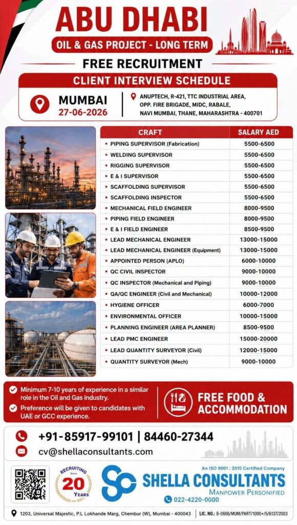 UAE Abu Dhabi Oil & Gas Project Jobs 2026 – Free Recruitment 