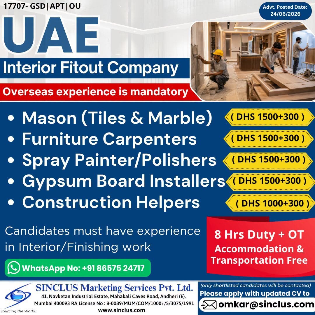 Urgent Hiring for UAE – Interior Fitout Company 