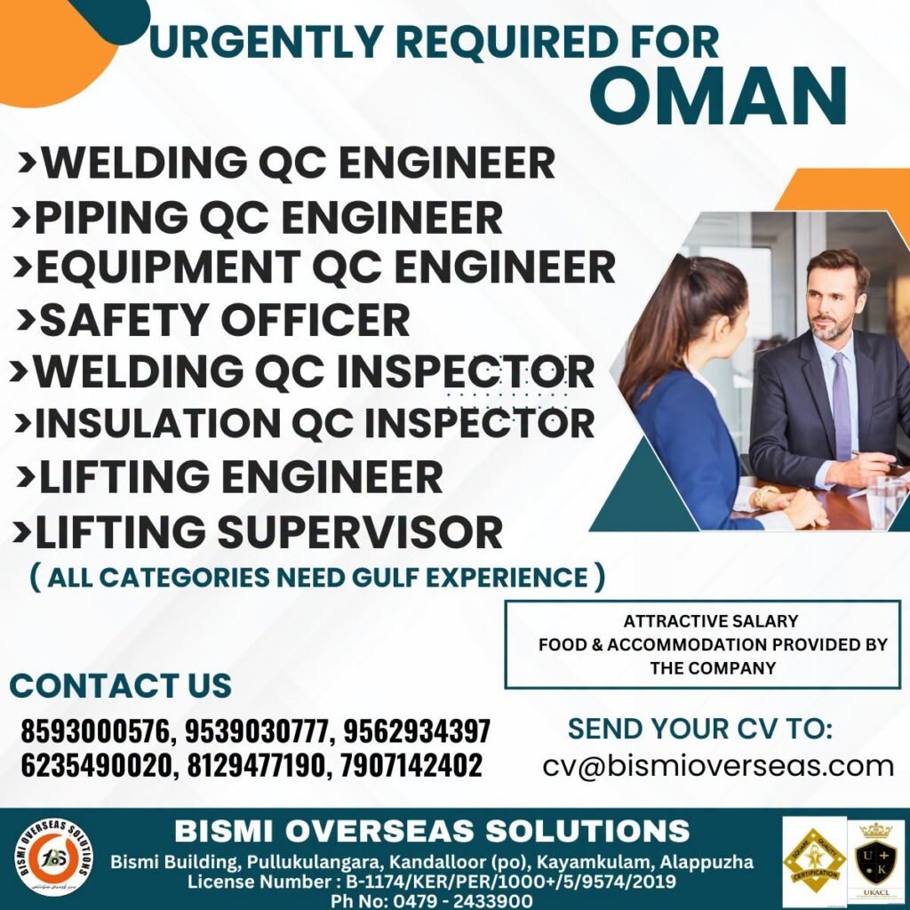 Oman Oil & Gas Jobs 2026 – Urgent Vacancies for QC Engineers, Safety Officers and Lifting Supervisors