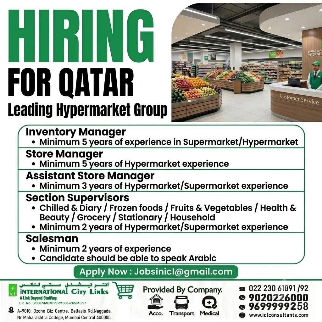 Hiring for Qatar Leading hypermarket group.