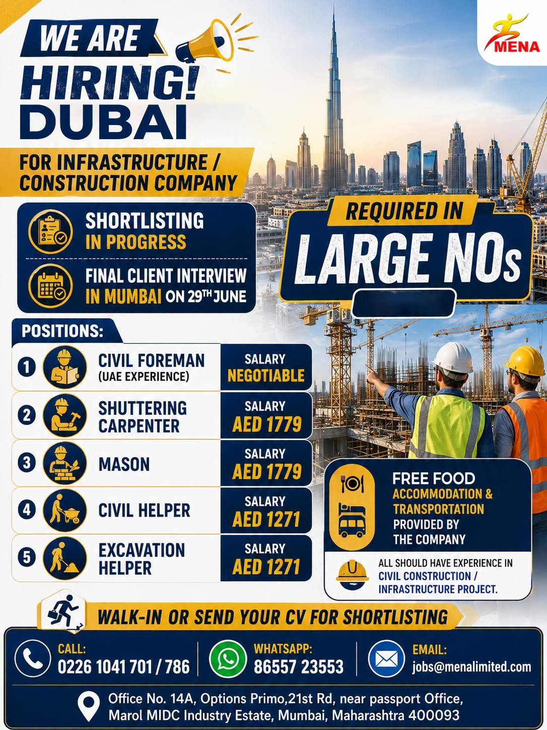 Massive Hiring for Dubai leading Infrastructure & Construction Company
