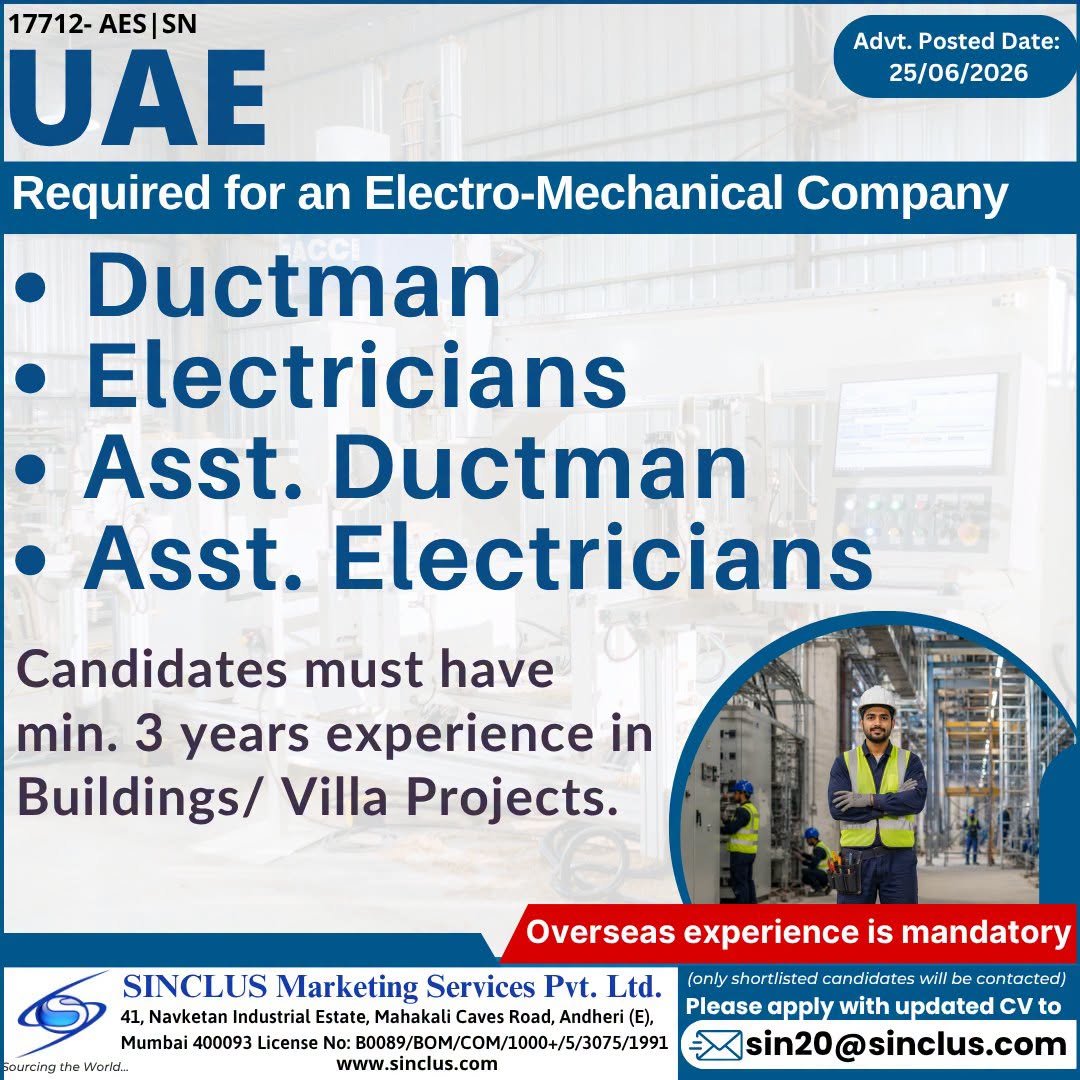 Jobs in UAE - Hiring For A leading Electro-Mechanical Company - Apply Today