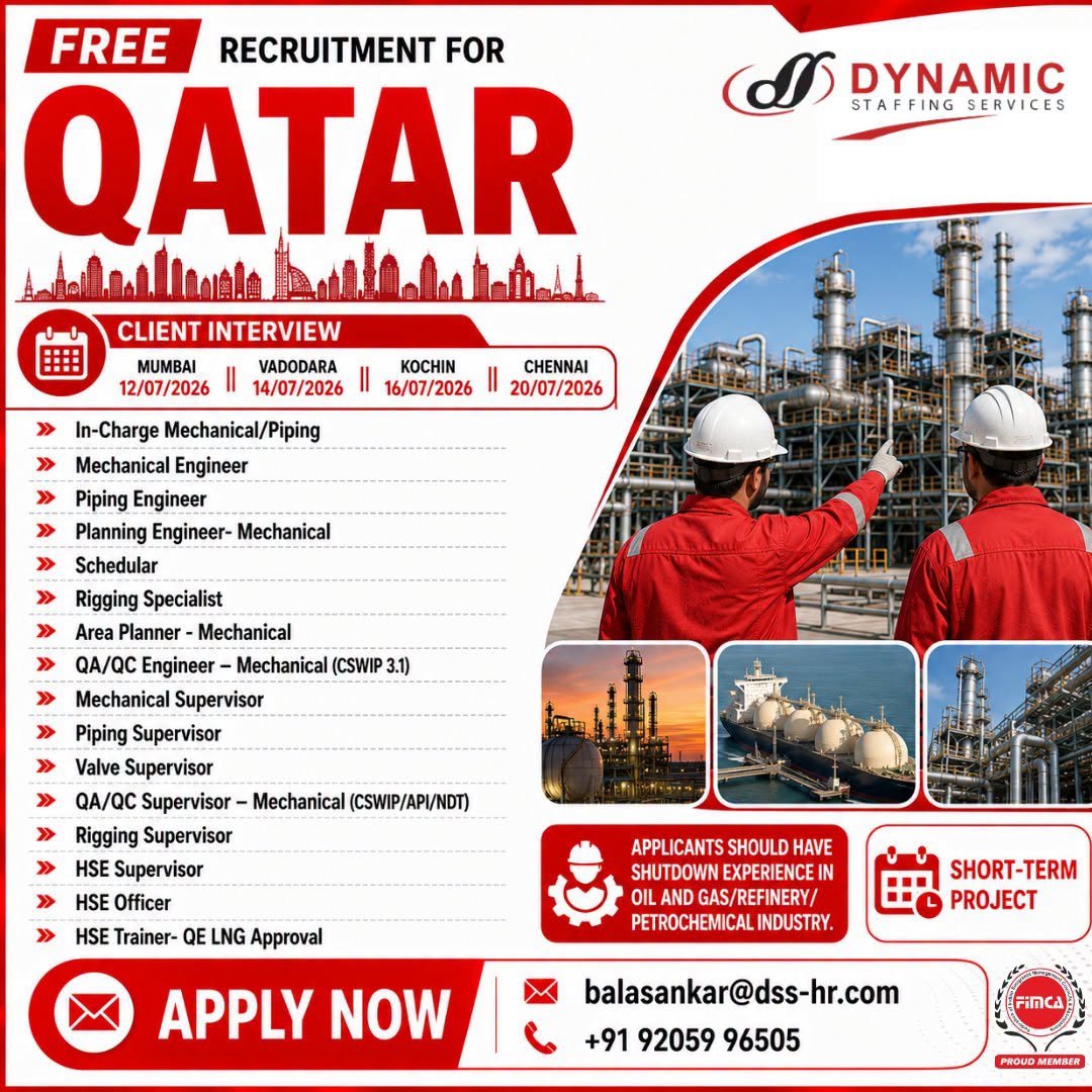 Free Recruitment For Qatar - Oil & Gas / Refinery Project