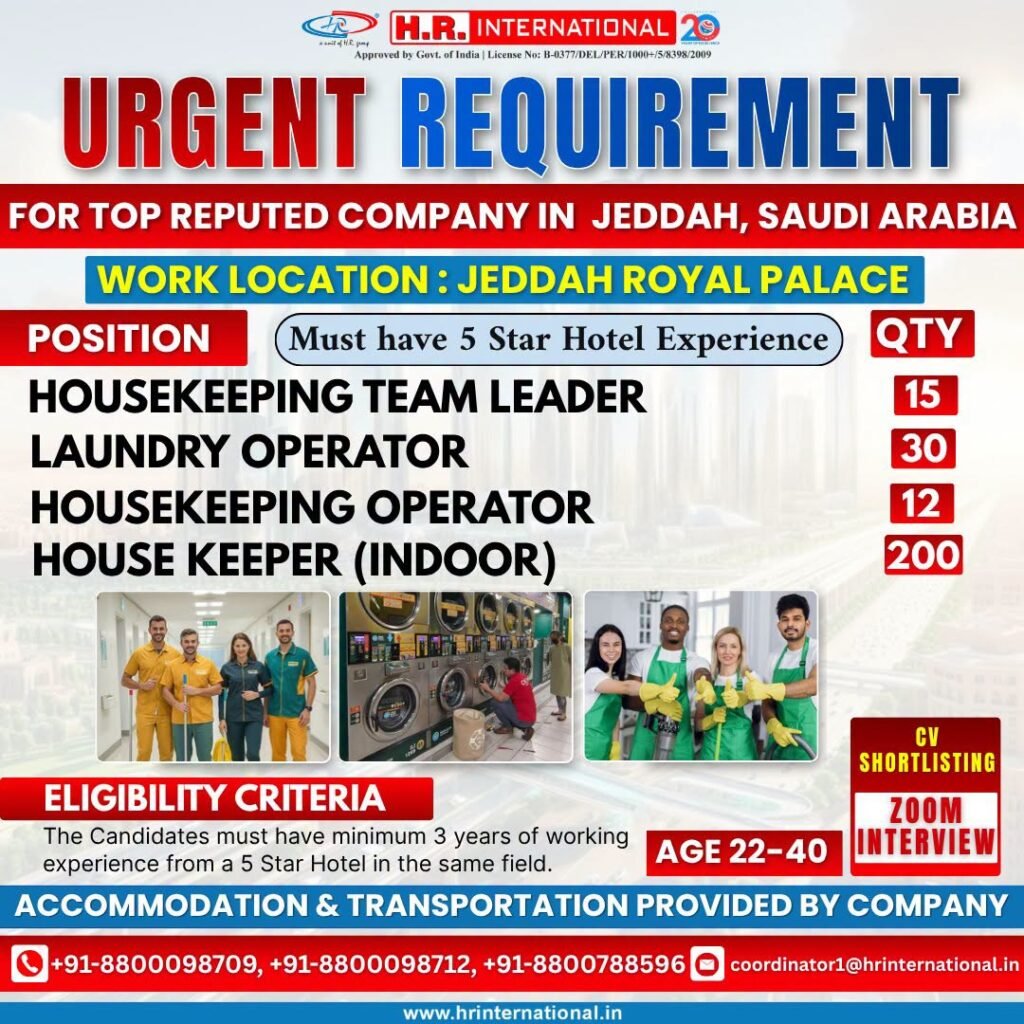 Urgent Requirement for Jeddah Royal Palace, Saudi Arabia 