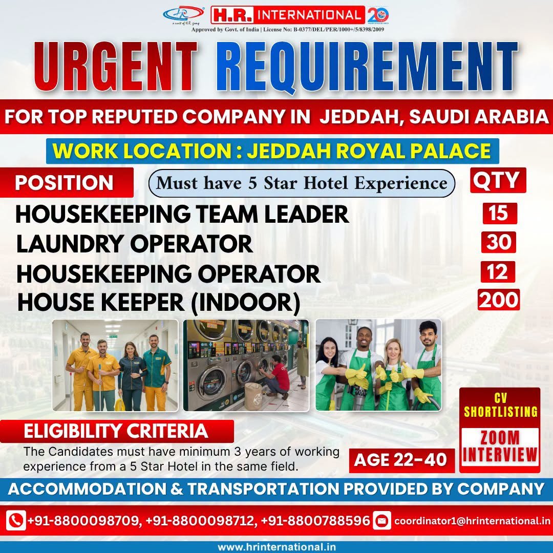 Urgent Requirement for Jeddah Royal Palace, Saudi Arabia 