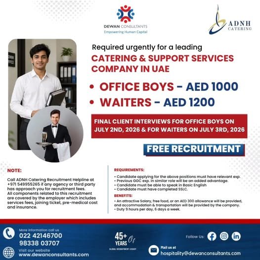 Required urgently for a leading CATERING & SUPPORT SERVICES COMPANY IN UAE