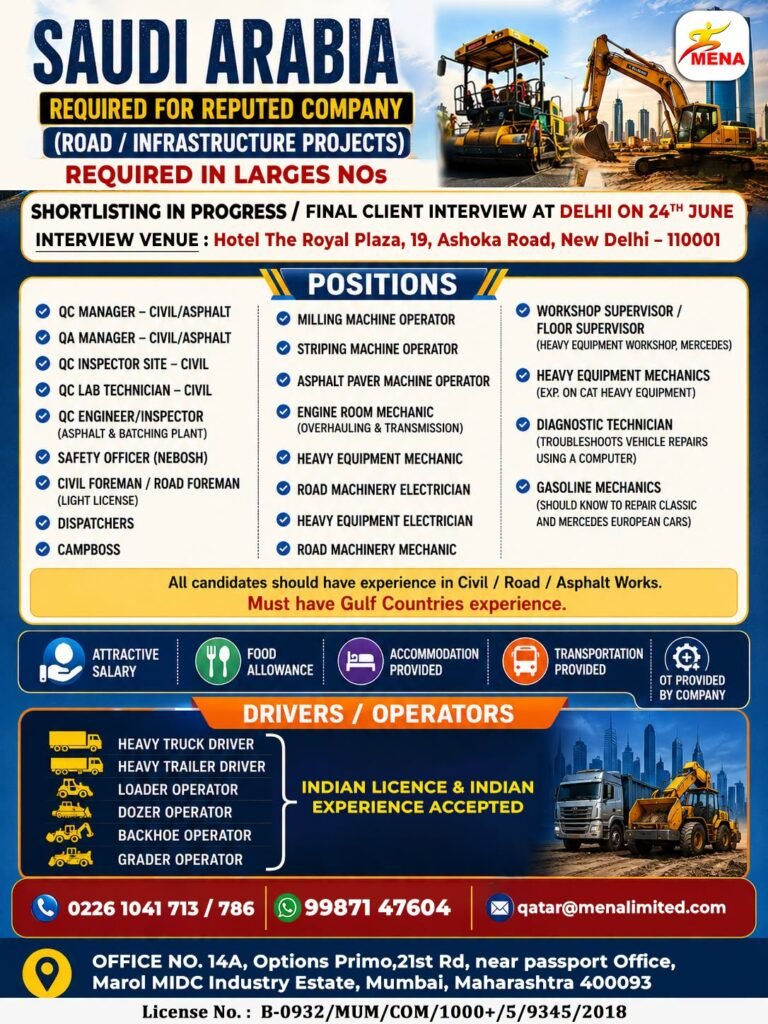 Saudi Arabia : Mega Hiring Drive for Road & Infrastructure Projects 