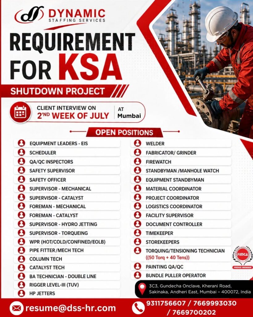 Saudi Arabia Shutdown Project Jobs 2026 – Multiple Oil & Gas Vacancies 