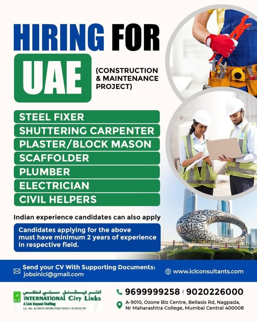 UAE Construction & Maintenance Jobs 2026 – Steel Fixer, Electrician, Plumber & More | Apply Now