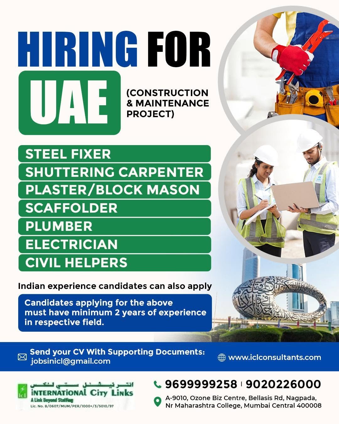 UAE Construction & Maintenance Jobs 2026 – Steel Fixer, Electrician, Plumber & More | Apply Now