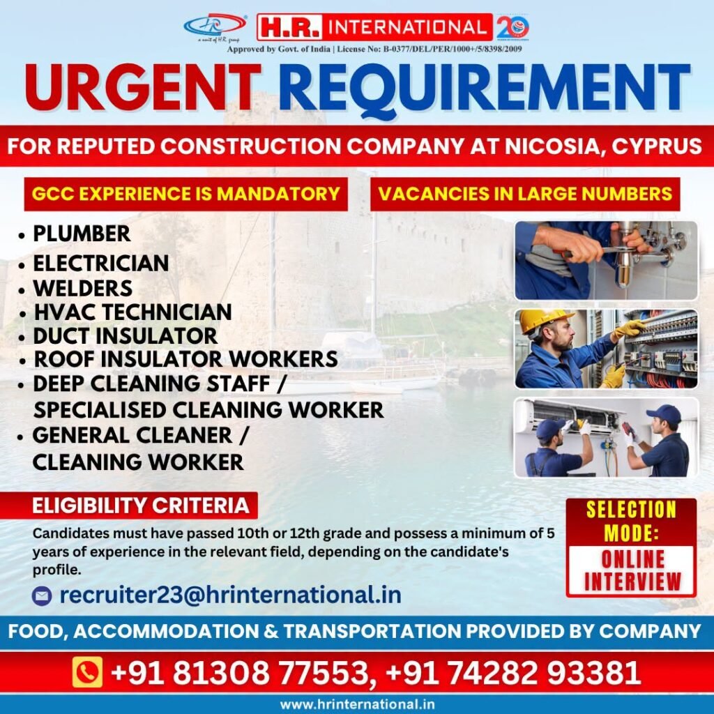Cyprus - Urgent Recruitment For A Reputed Construction Company In Nicosia