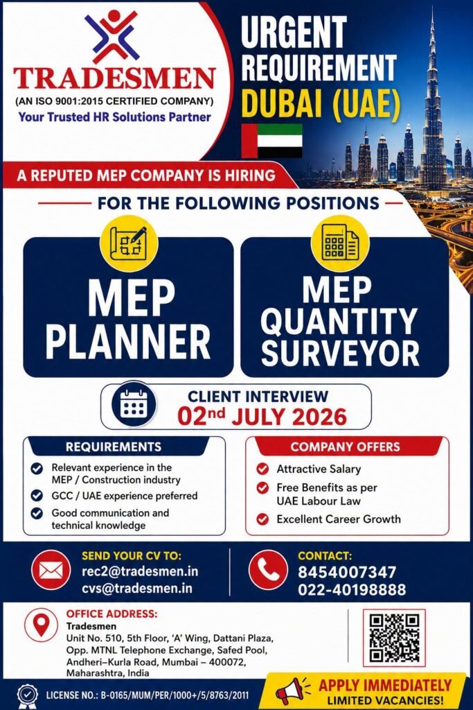 Dubai MEP Planner & Quantity Surveyor Jobs 2026 – UAE MEP Company Hiring