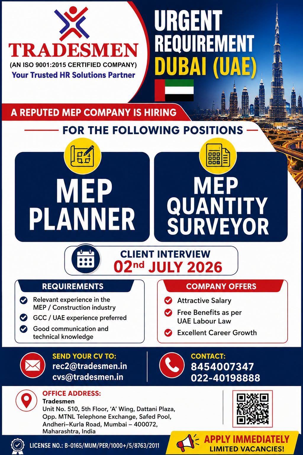 Dubai MEP Planner & Quantity Surveyor Jobs 2026 – UAE MEP Company Hiring