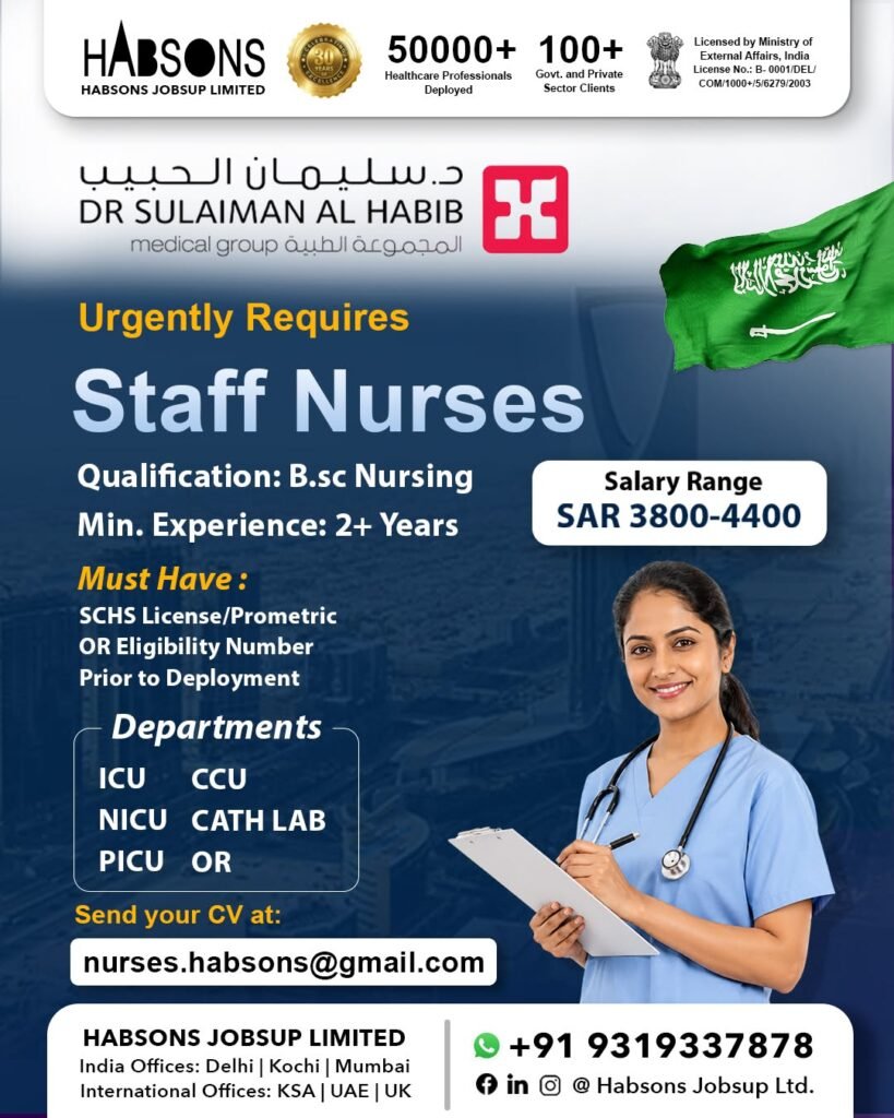 Urgent Hiring – Staff Nurses for Saudi Arabia