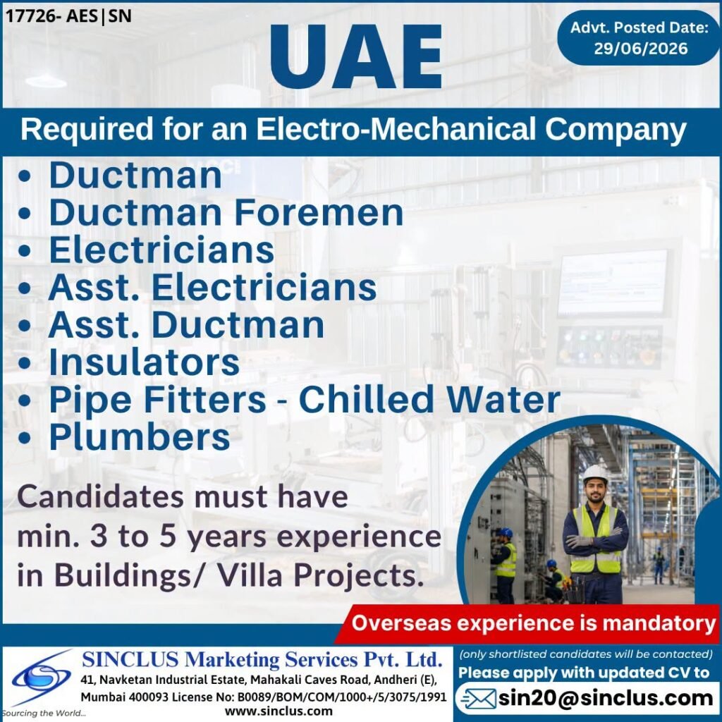 Job Opportunity in UAE Electro-Mechanical Company