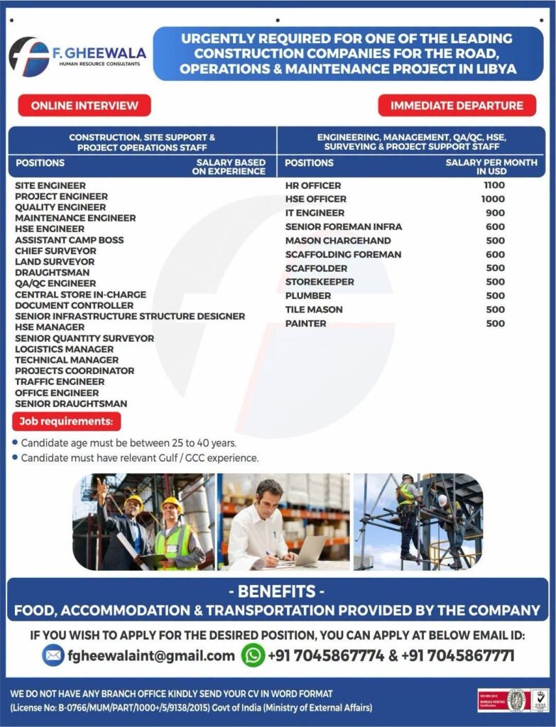 Libya Construction Jobs 2026 – Engineers, HSE, QA/QC & Skilled Workers | Immediate Departure