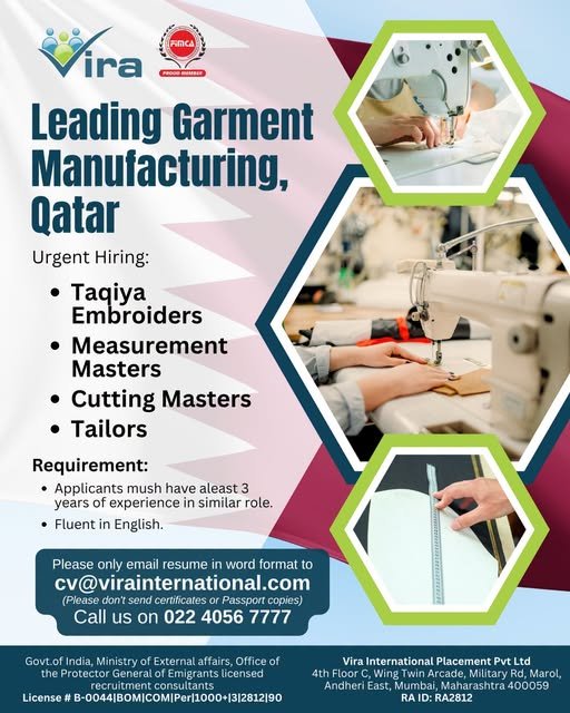 Hiring For A leading garment manufacturing company in Qatar
