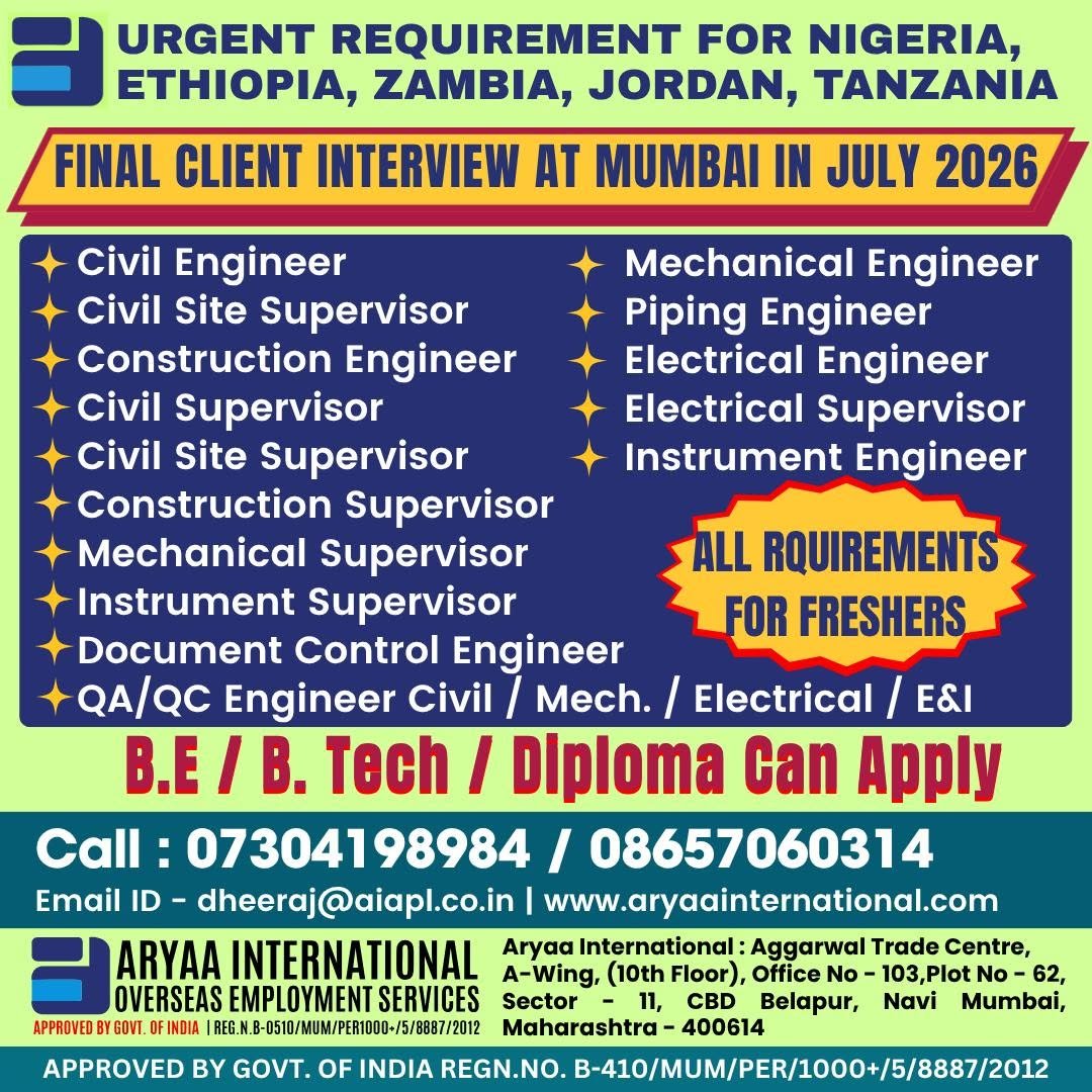 Engineering Vacancies for Nigeria, Ethiopia, Zambia, Jordan & Tanzania | Freshers Can Apply