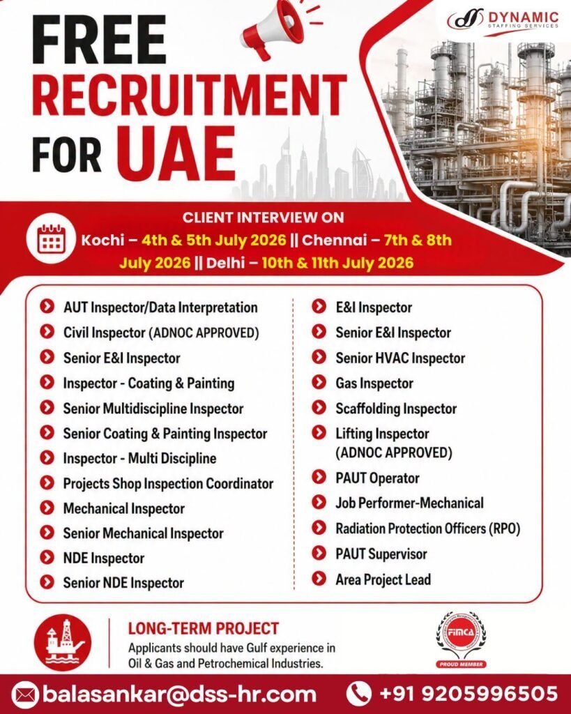 UAE Oil & Gas Inspection Jobs 2026 – Free Recruitment | Long-Term Project