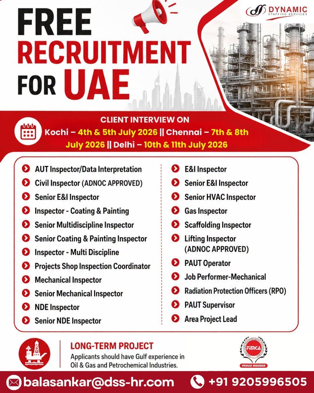 UAE Oil & Gas Inspection Jobs 2026 – Free Recruitment | Long-Term Project