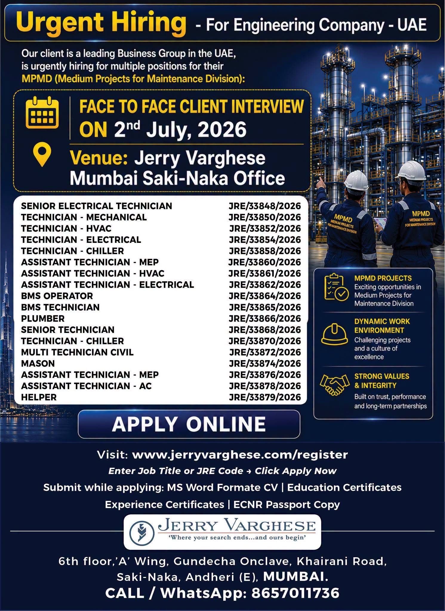 Urgent Hiring for Engineering Company - UAE