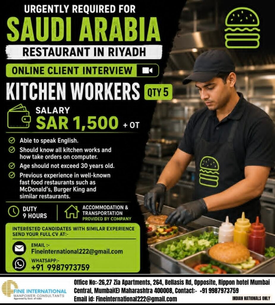 Saudi Arabia Kitchen Worker Jobs 2026 – Riyadh Restaurant Vacancies | Online Client Interview