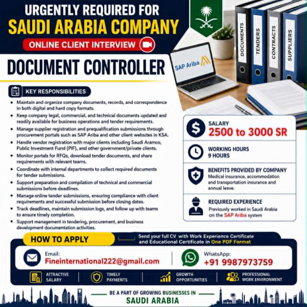 Saudi Arabia Document Controller Jobs 2026 – Online Client Interview | Salary Up to 3000 SAR Saudi Arabia Document Controller Jobs 2026 – Online Client Interview | Salary Up to 3000 SAR