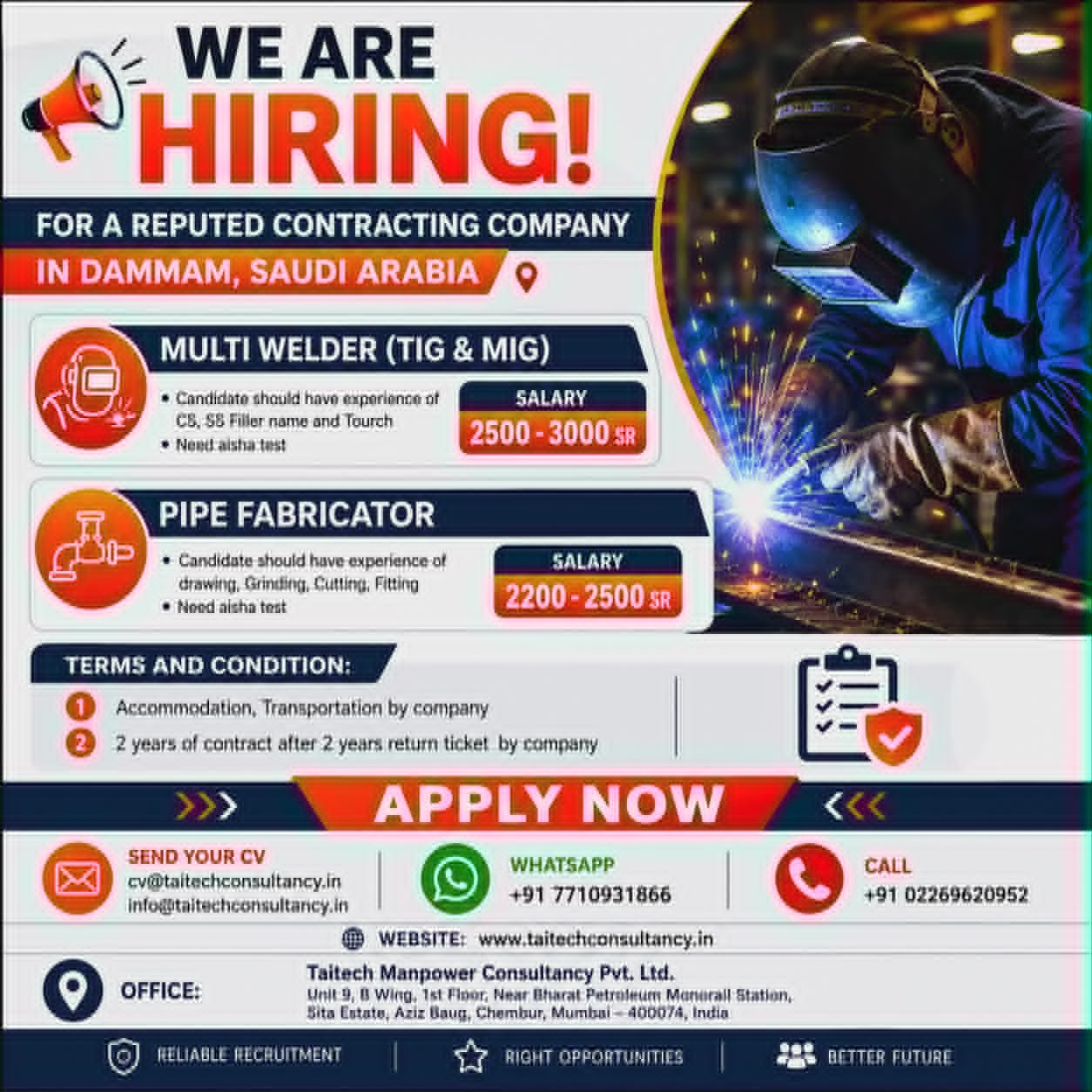 Multi Welder (TIG & MIG) and Pipe Fabricator Jobs in Dammam, Saudi Arabia – Apply Now