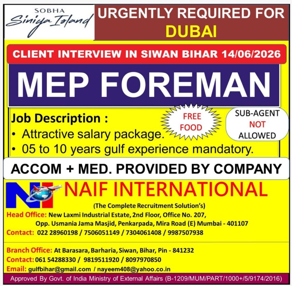 Dubai MEP Foreman Jobs 2026 | Sobha Siniya Island Project 