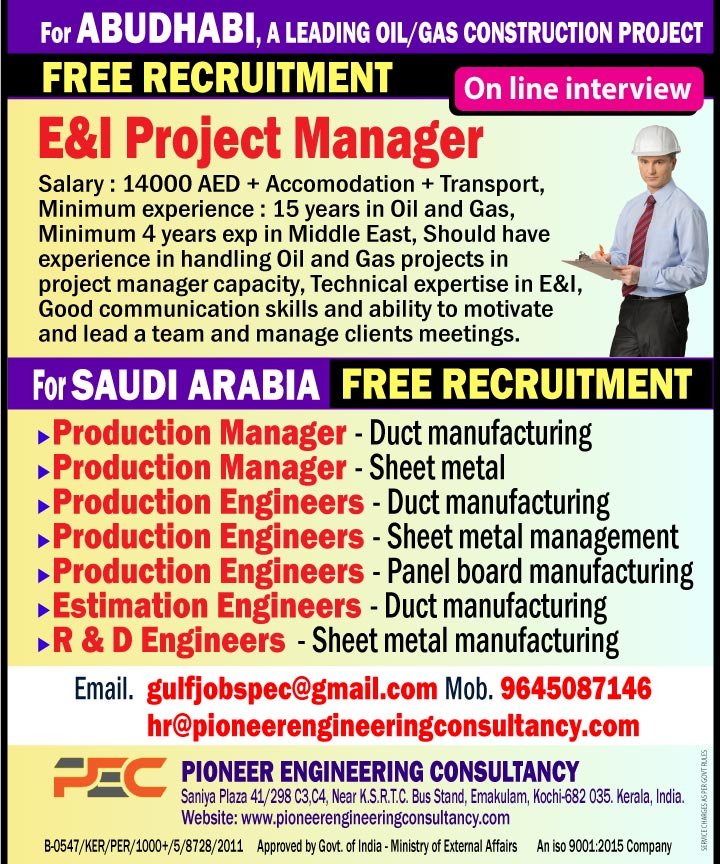 Abu Dhabi E&I Project Manager & Saudi Arabia Production Engineering Jobs 2026 – Free Recruitment