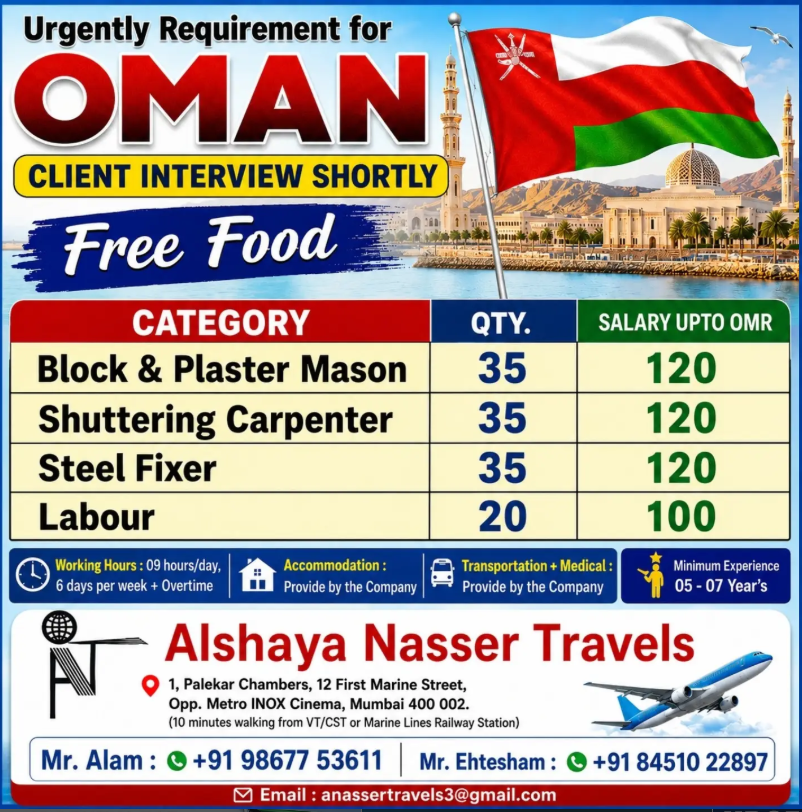 Oman Construction Jobs 2026 – Client Interview Shortly for Masons, Carpenters, Steel Fixers & Labourers