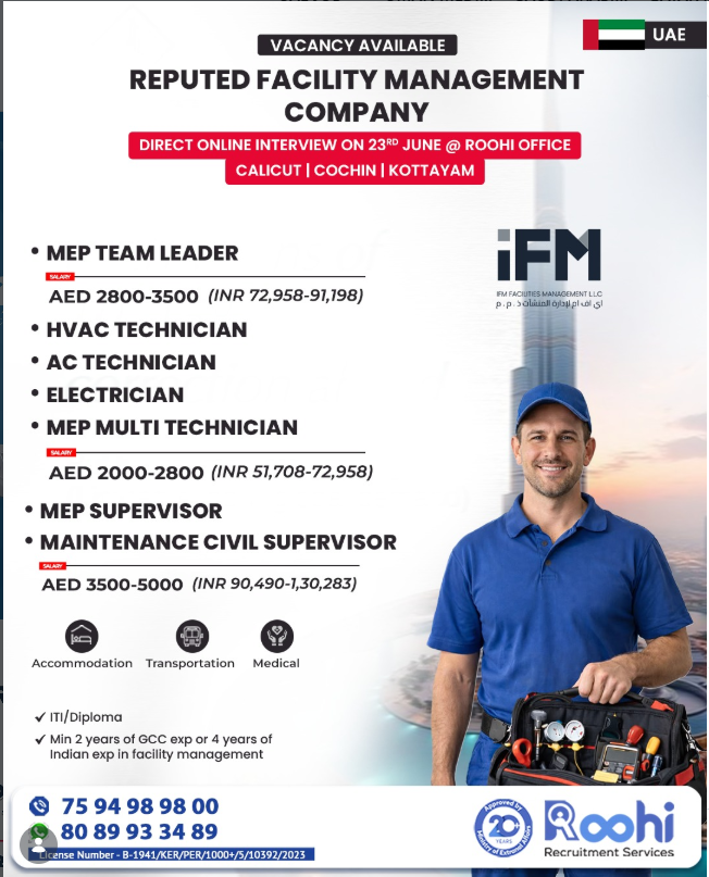 Hiring For Reputed Facility Management Company, UAE