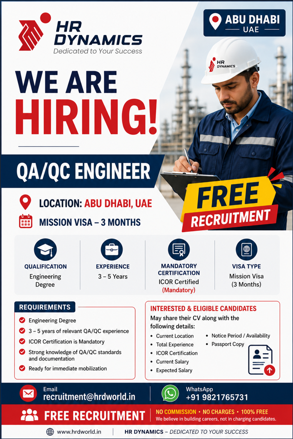 Abu Dhabi QA/QC Engineer Jobs 2026 – Free Recruitment | Apply Now