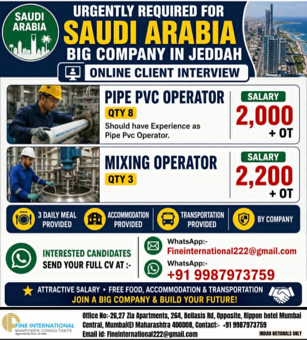 Saudi Arabia PVC Pipe Operator & Mixing Operator Jobs 2026 – Online Client Interview for Jeddah