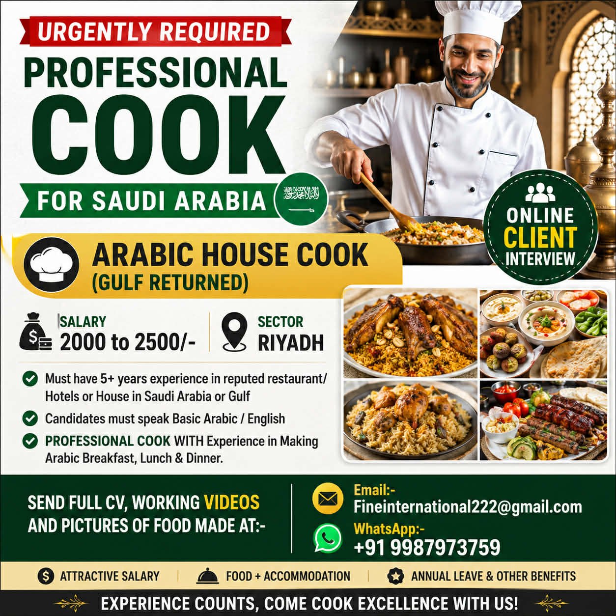 Saudi Arabia Arabic House Cook Jobs 2026 – Online Client Interview 