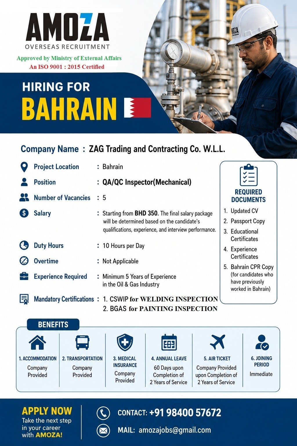 QA/QC Inspector (Mechanical) Jobs in Bahrain 2025 – ZAG Trading and Contracting Co. W.L.L.