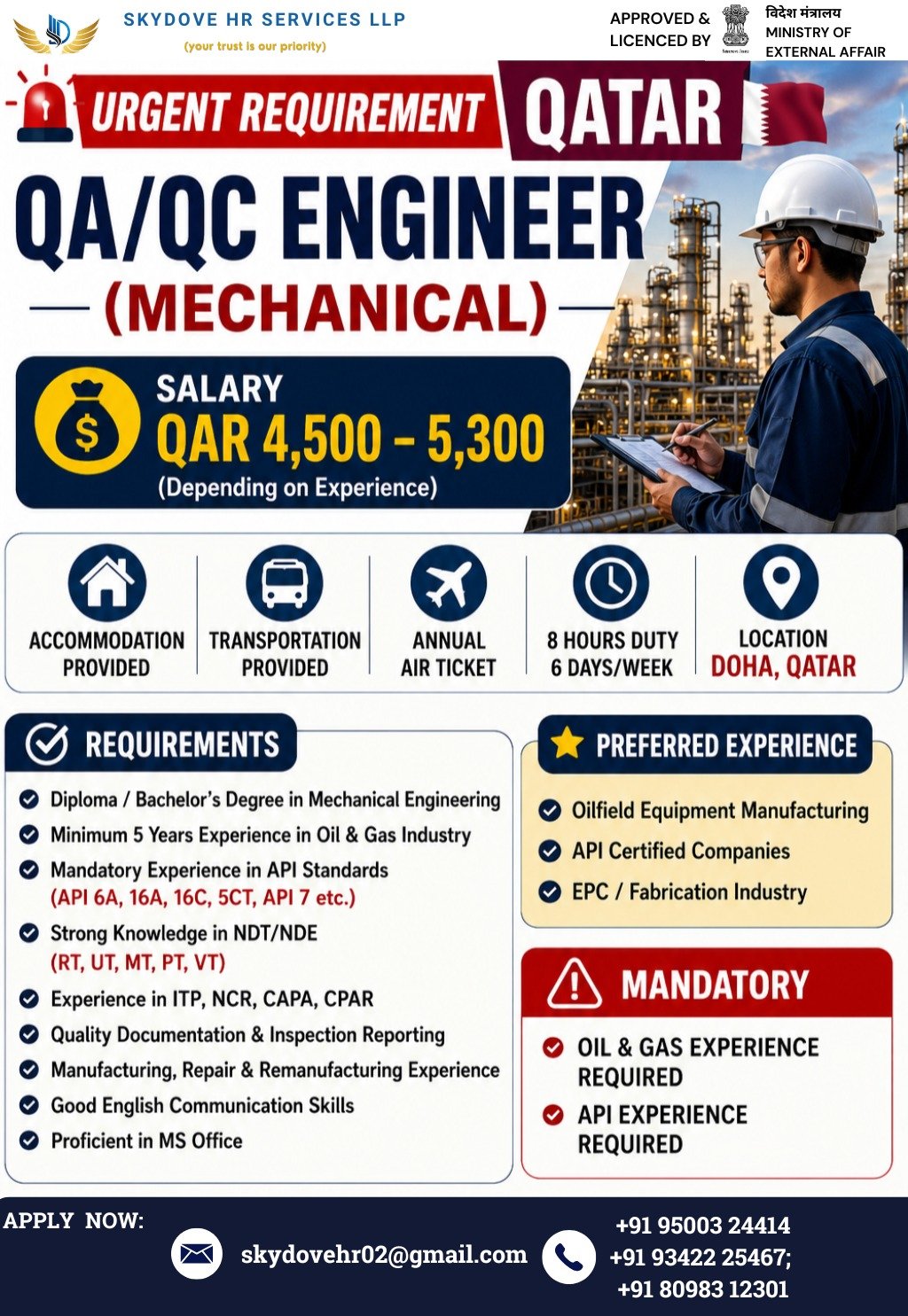 Qatar QA/QC Mechanical Engineer Jobs 2026 – Salary Up to QAR 5,300 | Apply Now
