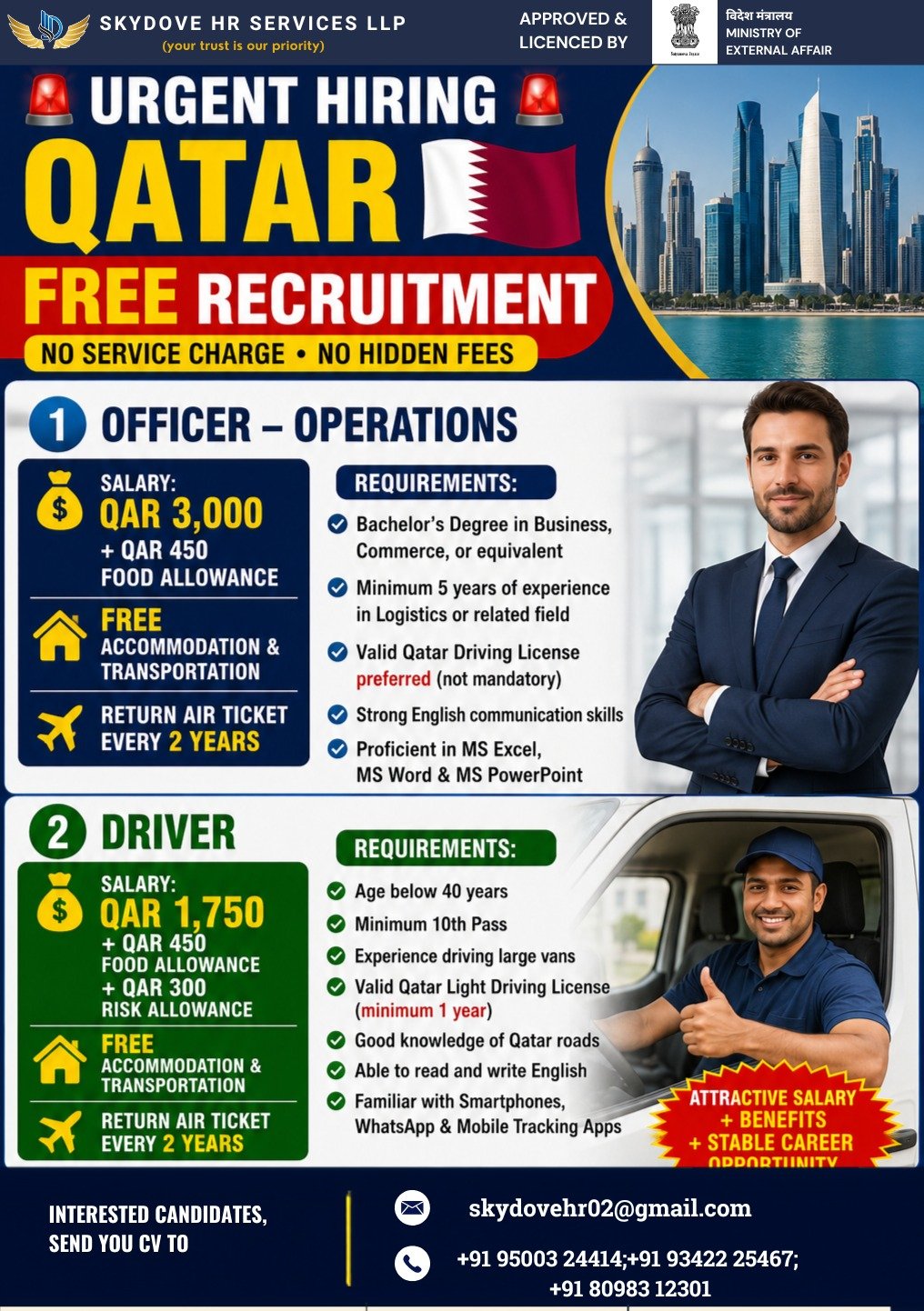 Qatar Free Recruitment 2026 – Operations Officer & Driver Jobs | No Service Charge