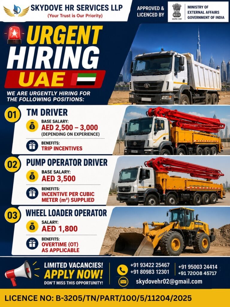 UAE Driver Jobs 2026 – TM Driver, Pump Operator Driver & Wheel Loader Operator Recruitment